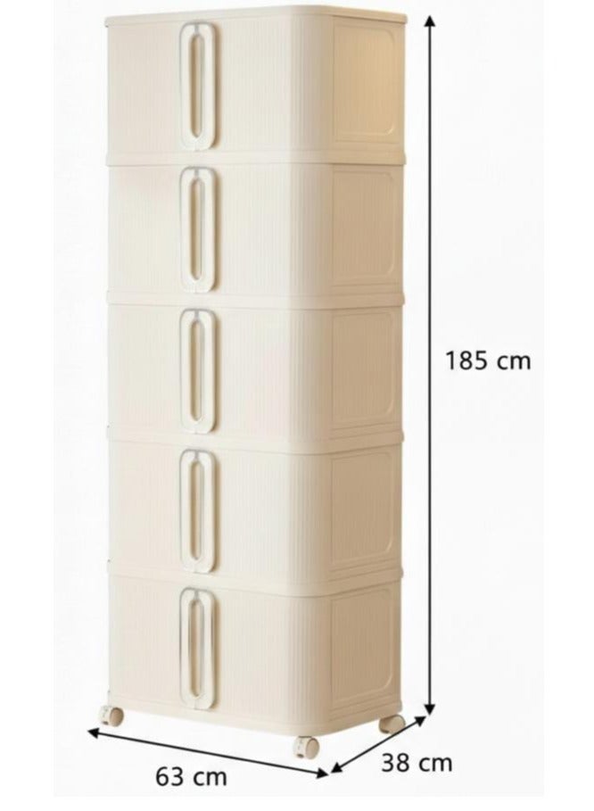 سبيس شوب خزانة تخزين بلاستيكية عصرية بـ 5 طبقات مع أدراج بأبواب مزدوجة وعجلات لون أبيض كريمي مقاس كبير - Image 3